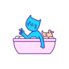 Cute cat chill out in bathtub illustration, with modern pop style and old style 90s cartoon drawings. Artwork for sticker, patchworks; for clothes.