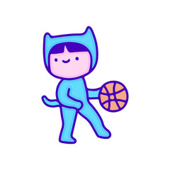 Kawaii kid in cat costume playing basketball, illustration for t-shirt, sticker, or apparel merchandise. With modern pop and retro style.