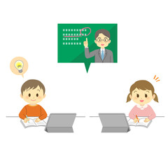 イラスト素材:タブレットでオンライン授業を受ける笑顔の男子と女子小学生（女の子/ポジティブ）（透過背景）
