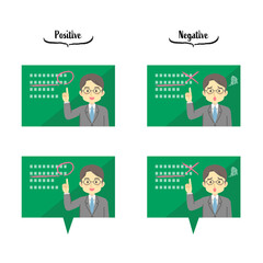 イラスト素材:オンライン授業をする男性教師の吹き出しや画面のセット（ポジティブ/ネガティブ）（透過背景）
