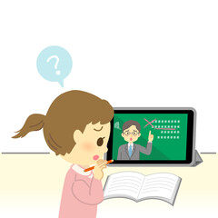 イラスト素材:タブレット画面を見てオンライン授業を受けるが不安な表情の小学生（女の子/はてなマーク）（透過背景）
