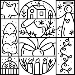 Vector Christmas logo advent composition holly berry, garland, fir tree and snow. Hand drawn monoline winter constructor in square frame for greeting card