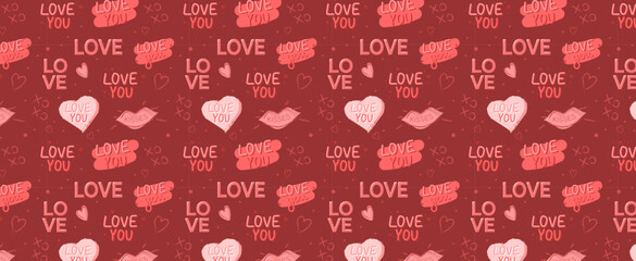 pattern with hearts. Valentine's day symbols, heart, lips, pink cupcake. happy valentines day with pink hearts for cards, websites, greetings, posters	