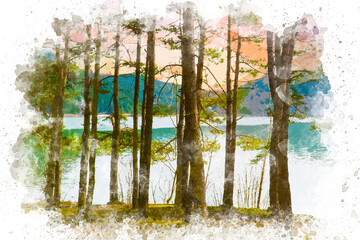 Watercolor art Abant lake landscape in Turkey. Watercolor painting of nature, lake, mountain. Bolu Abant Turkey.