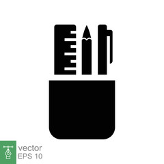 Stationary holder icon. Simple solid style. Office desk equipment, pen, pencil, ruler. Logo element, school, education concept. Glyph vector illustration isolated on white background. EPS 10.