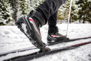 detailed view of a cross-country skiers shoe. Winter sport activity