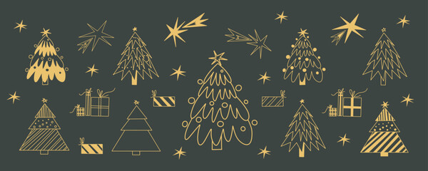 Christmas tree line art drawing vector set. Abstract stylized christmas tree collection. New Year holiday decoration in simple line style hand drawn.