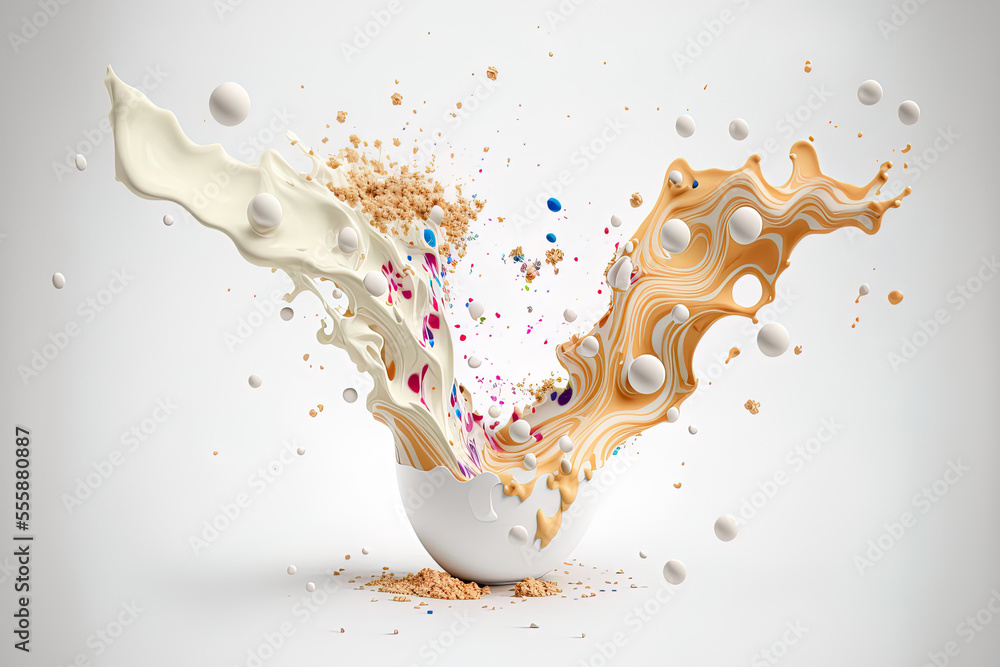 Canvas Prints Milk splashes and cereal falling into each other on a white background. Generative AI