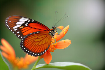 An orange butterfly perched vertically on a flower is shown in close up. Generative AI