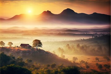 Sunrise in the mountains, panorama landscape, natural background, Preah Vihear Thailand.Mist in the morning. Generative AI