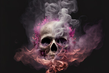 White eyes on a skull amid rose colored smoke. Generative AI