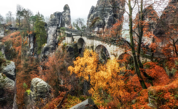 Bastei bridge and autumn forest in Saxon Switzerland, Germany