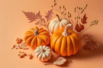 Naklejka premium Arrangement for autumn Pumpkins with dried leaves on a white and orange backdrop. Concept of autumn, fall, and Thanksgiving still image Vertical anime style image. Generative AI