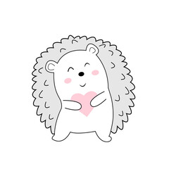 Hedgehog standing with a heart in his hands. Valentines day gift card. Cute hedgehog for mother's day for card, print, poster.Vector illustration