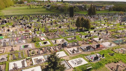 Drone flight over the graves of the cemetery.