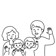 Fototapeta na wymiar イラスト素材：こちらに手を振る男女の子供を育てる幸せな若い夫婦 　4人家族（主線あり/白黒）（透過背景） 