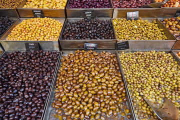 Olive market in a turkish market. Tasty mediterranean food. Turkey