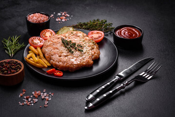 Delicious fresh grilled turkey meat steak with spices and herbs
