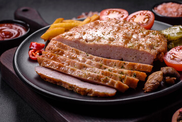 Delicious fresh grilled turkey meat steak with spices and herbs