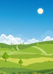 Schilderijen op glas Spring landscape green fields lwith mountain, blue sky and clouds background,Vertical peaceful rural nature in springtime with green grass land.Cartoon vector illustration for spring and summer banner © Anchalee
