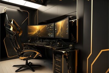 Gaming room. Futuristic. Black and gold colors. Fantasy scene. Generative ai. 