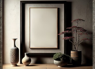 Fototapeta Mockup Kunst Rahmen an der Wand in einem minimalistischen, japanischen Wohnzimmer im Japandi Stil. Inneneinrichtung mit Pflanze und Dekoration. Hintergrund zur Darstellung eines Bildes. obraz