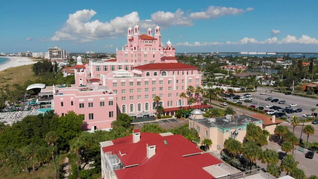 4K Drone Video of Don Cesar Hotel on St. Pete Beach, FL with Skyline of St. Petersburg, FL in Distance