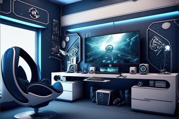 Gaming room. Futuristic. Blue and white colors. Fantasy scene. Generative ai. 