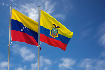 Bolivarian Republic of Venezuela and Republic of Ecuador Flags Over Blue Sky Background. 3D Illustration