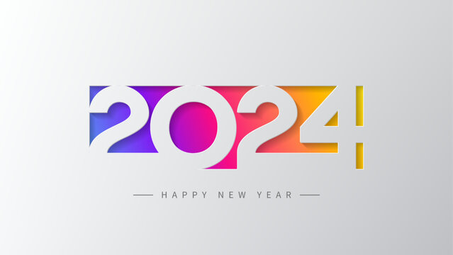 2024 Happy New Year banner. Vector illustration with colorful numbers 2024 with trendy gradient. New Year holiday symbol template on gray background.