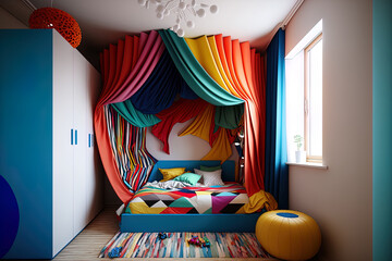 A trendy children's room includes a bed with colorful linens. Inside out design. Generative AI
