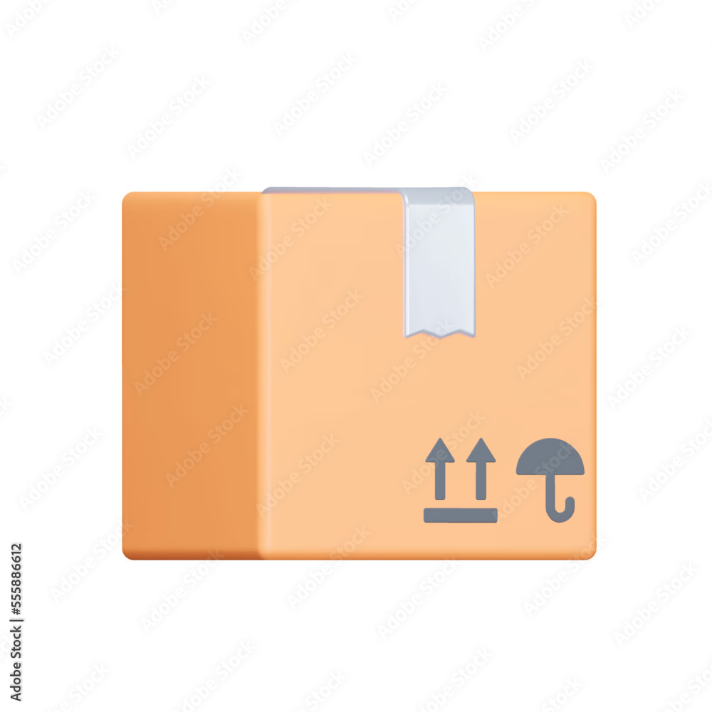 Poster parcel 3d icon. box taped over with parcel symbols. isolated object on transparent background