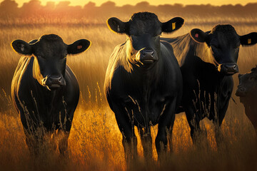 Black Angus cattle on a field of grass under the setting sun. Generative AI - obrazy, fototapety, plakaty