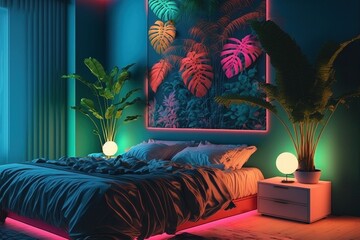 neon tropical bedroom,  generative ai composite