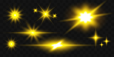Star shiny light effect vector illustration on transparent background set