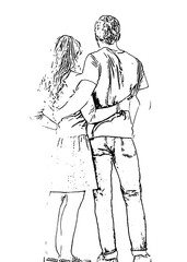 Love tenderness and romantic feelings concept. Young loving smiling couple boy and girl, Continuous line drawing. Romantic couple.