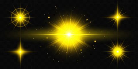 Obraz premium Star shiny light effect vector illustration on transparent background set