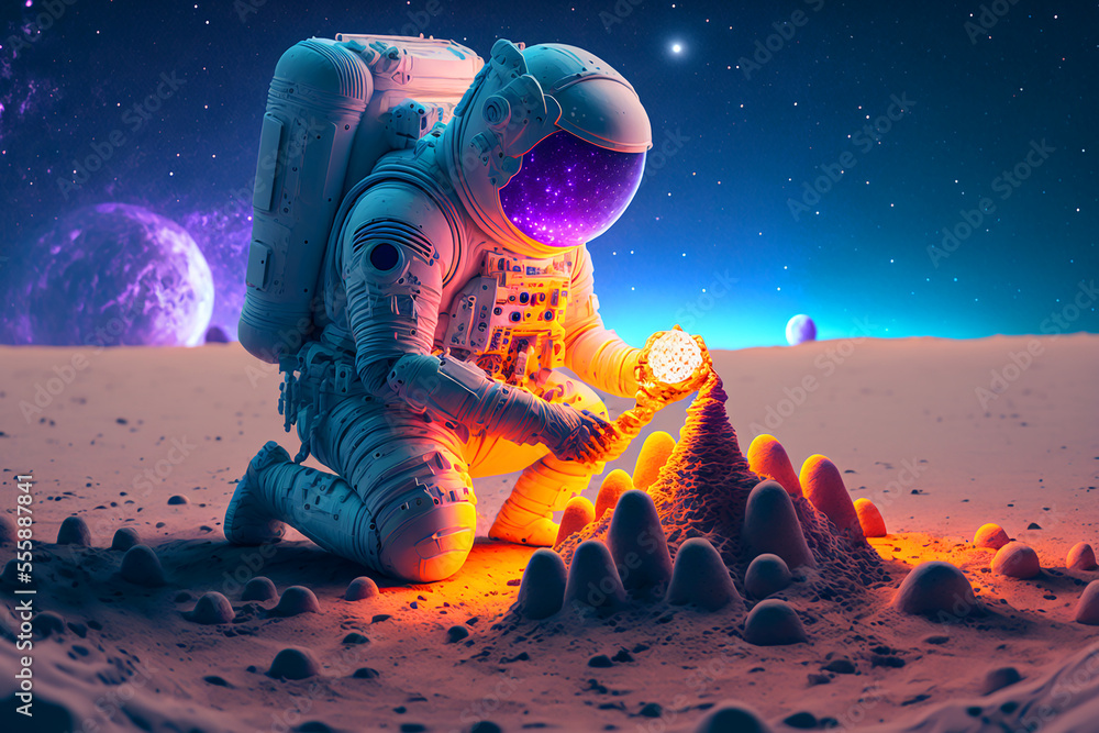 Canvas Prints astronaut building a sand castle on a beach. generative ai