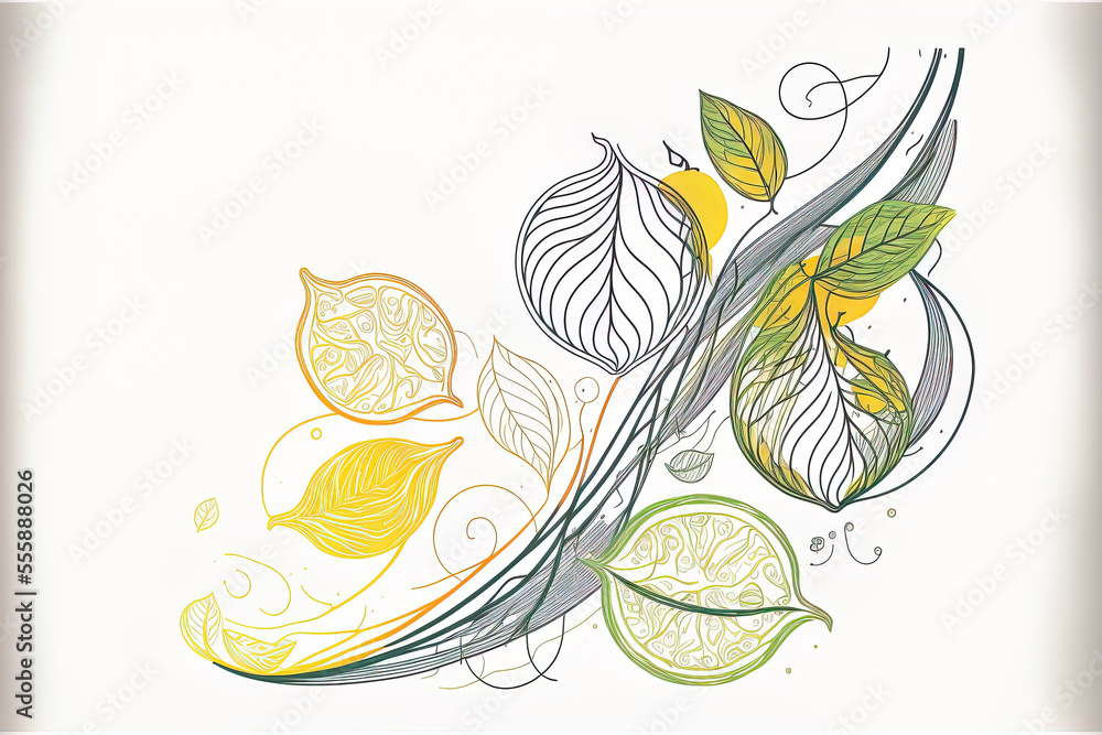 Poster continuous painting in one line. lime and lemon fruits. a based image. generative ai
