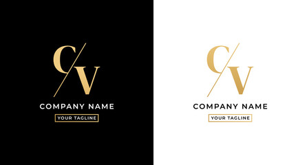 CV logo letter or CV letter logo vector on white and black background. CV letter logo with go concept. Elegant gold colored CV letter logo. Suitable for company logos with the initials C And V.
