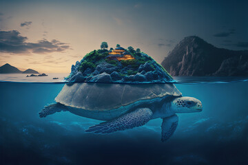 Turtle carrying a island on it's back, Generative AI illustration