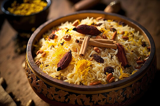 Basmati rice cooked with spices, saffron, and dried fruits to create the Kashmiri pulao. Generative AI