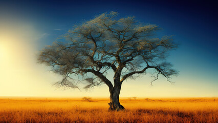 A beautiful shot of a tree in the savanna plains with the blue sky in the background - obrazy, fototapety, plakaty