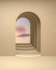 3d surreal render of an empty room with archs and pastel toned clouds.