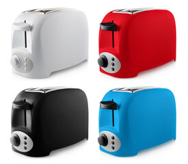 Collection of white, red, black and blue bread toasters, isolated on white background