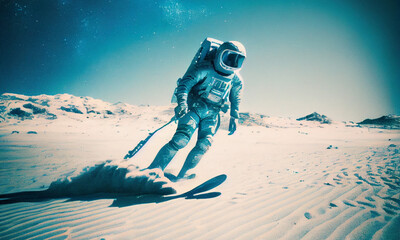 vintage cyanotype of astronaut skiing among a beach full of sand created with Generative AI technology