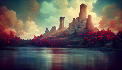 Abstract Sky with red Flowers in front of Mountains at the lake created with Generative AI technology