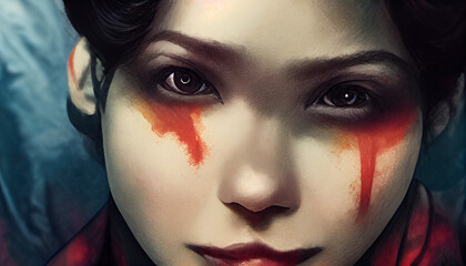 Bloody Eyes of young women portraits created with Generative AI technology