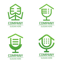 Podcast House Logo Design Set And Microphone Outline Style Vector