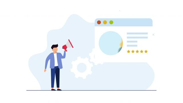 Online rating animated concept.young man with megaphone animation.Flat Design 2d Character Loop Animation.